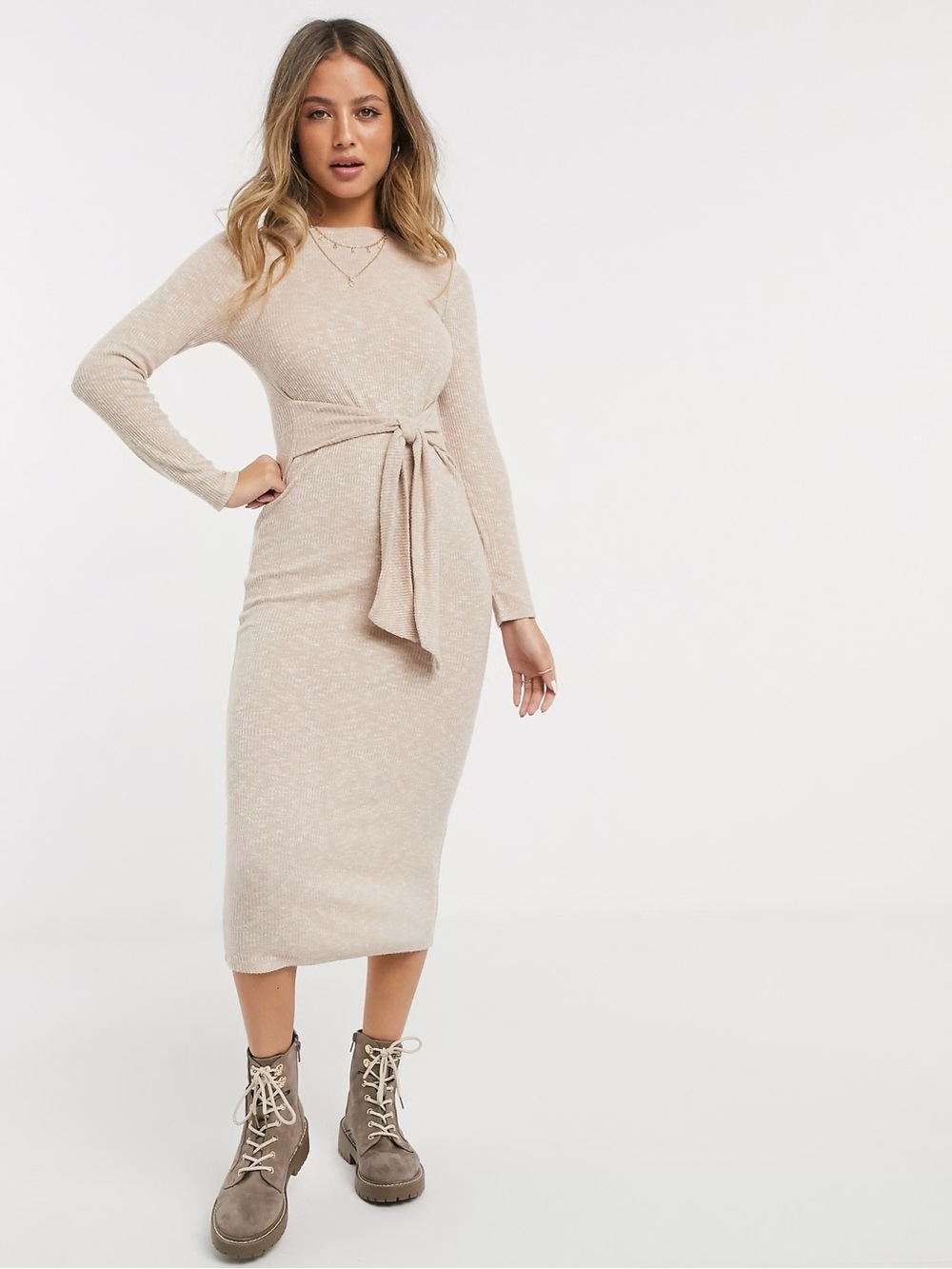 Miss Selfridge ribbed midi dress in camel